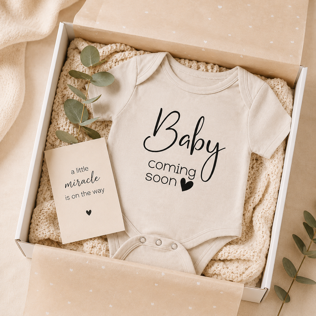 Beige baby rompertje met tekst “Baby coming soon” in cadeaubox met kaartje “a little miracle is on the way” – originele zwangerschapsaankondiging en brievenbus cadeau baby