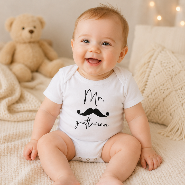 Lachende baby in wit rompertje met opdruk “Mr. gentleman” en snor, leuk kraamcadeau voor baby jongen