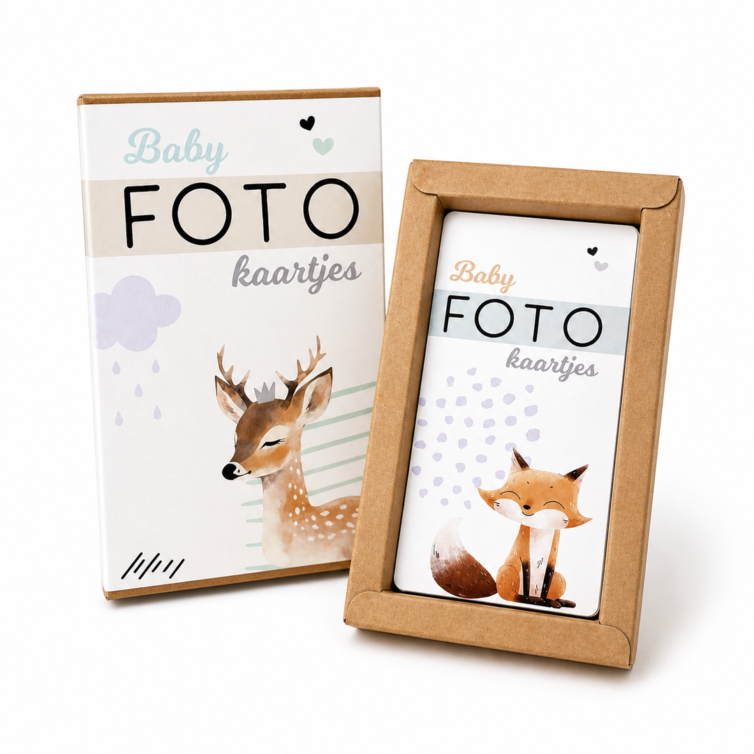 Verpakking van de fotokaartjes voor het eerste jaar met bijpassende milestone kaarten voor baby mijlpalen.