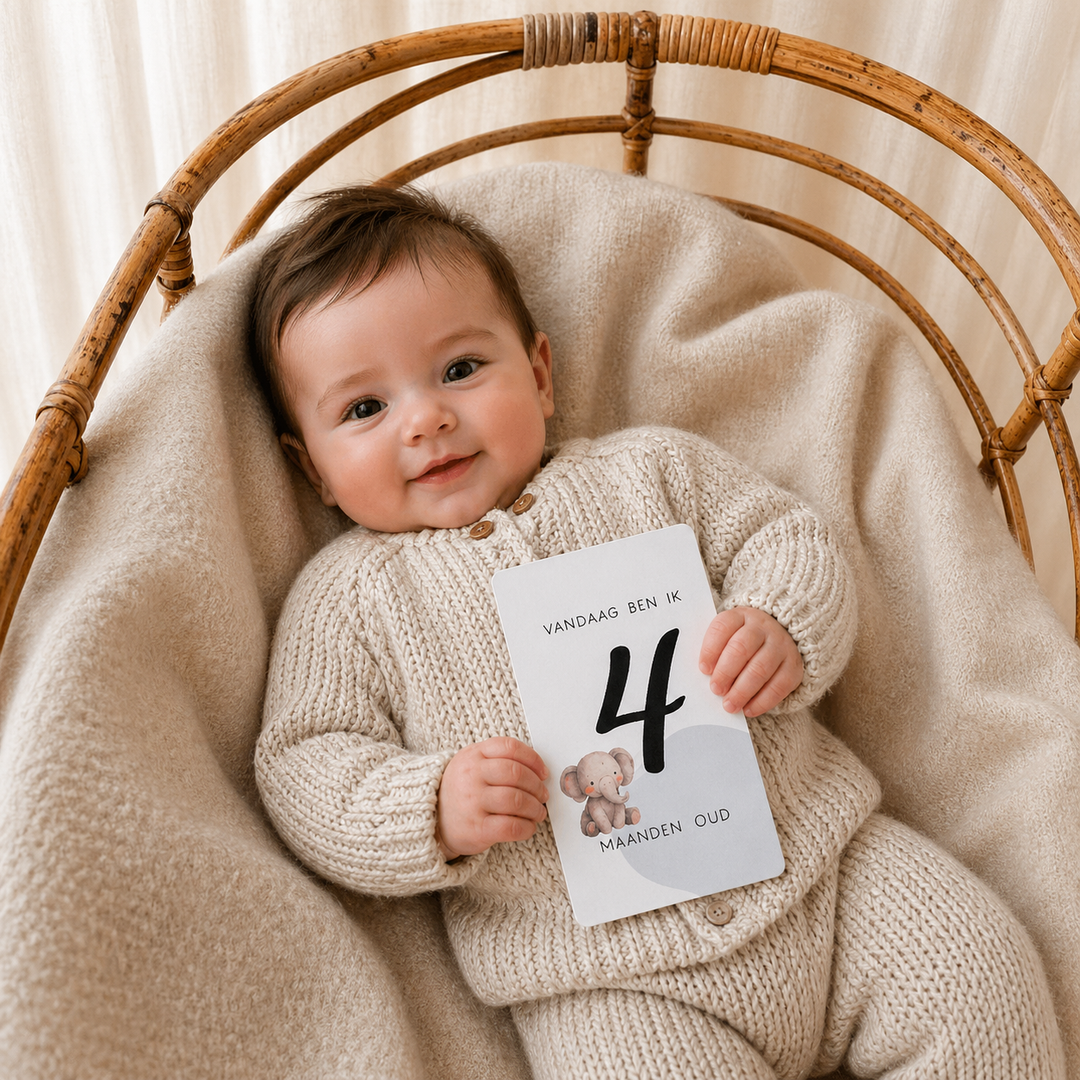 Baby met mijlpaalkaart uit de set fotokaartjes voor het eerste jaar, ideaal om herinneringen vast te leggen.