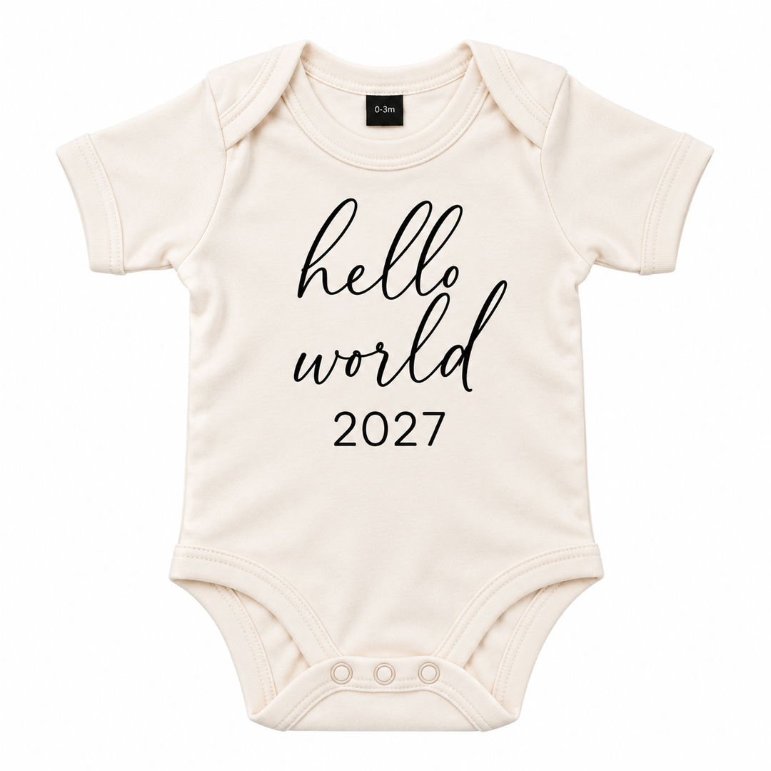 Naturel baby romper met tekst Hello World 2027.