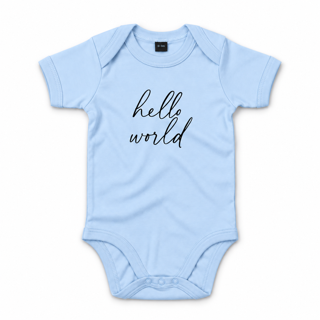 Blauwe baby romper met tekst Hello World