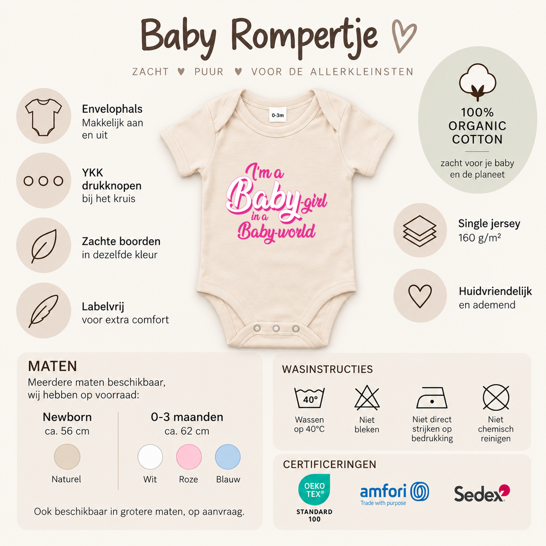 Romper meisje met roze Baby-girl opdruk en productinformatie.
