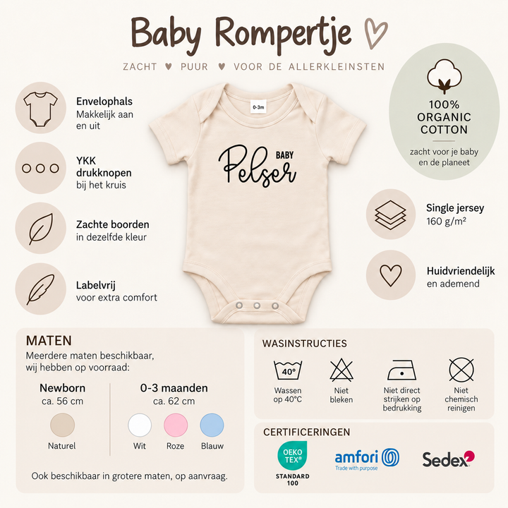 Productinformatie van baby romper met naam met kleuren maten materiaal en wasinstructies.