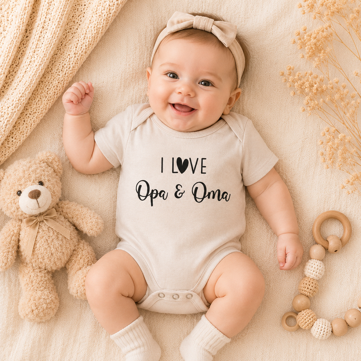 Blije baby draagt beige rompertje met tekst “I love opa & oma” – origineel cadeau voor opa en oma / zwangerschapsaankondiging.