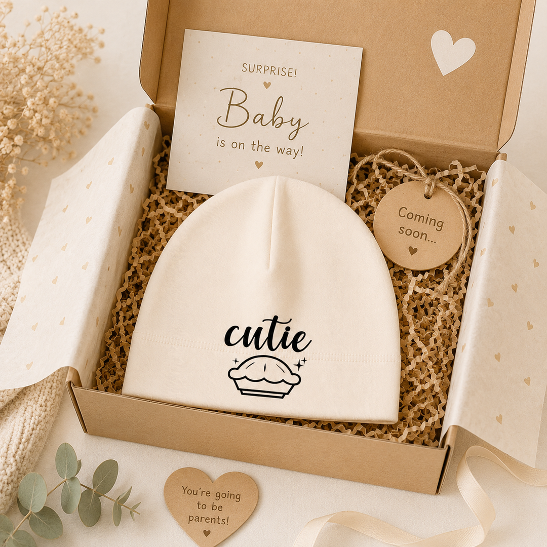 Babymutsje “cutie” in cadeauverpakking, stijlvol kraamcadeau met newborn mutsje van organic katoen