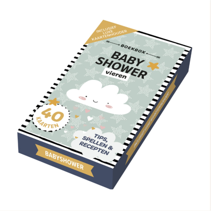 Babyshower kaartenset boekbox met 40 kaarten en houten kaartenhouder voor babyshower organiseren