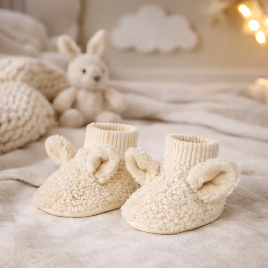 Beige teddy babyslofjes met oortjes van BamBam, sfeervol gefotografeerd op een zachte babykamer met knuffels en warme tinten