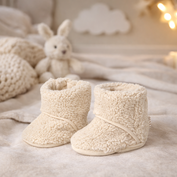 Zachte beige BamBam teddy babyslofjes van gerecycled polyester, sfeervol gefotografeerd in een warme babykamer met pluche decoratie