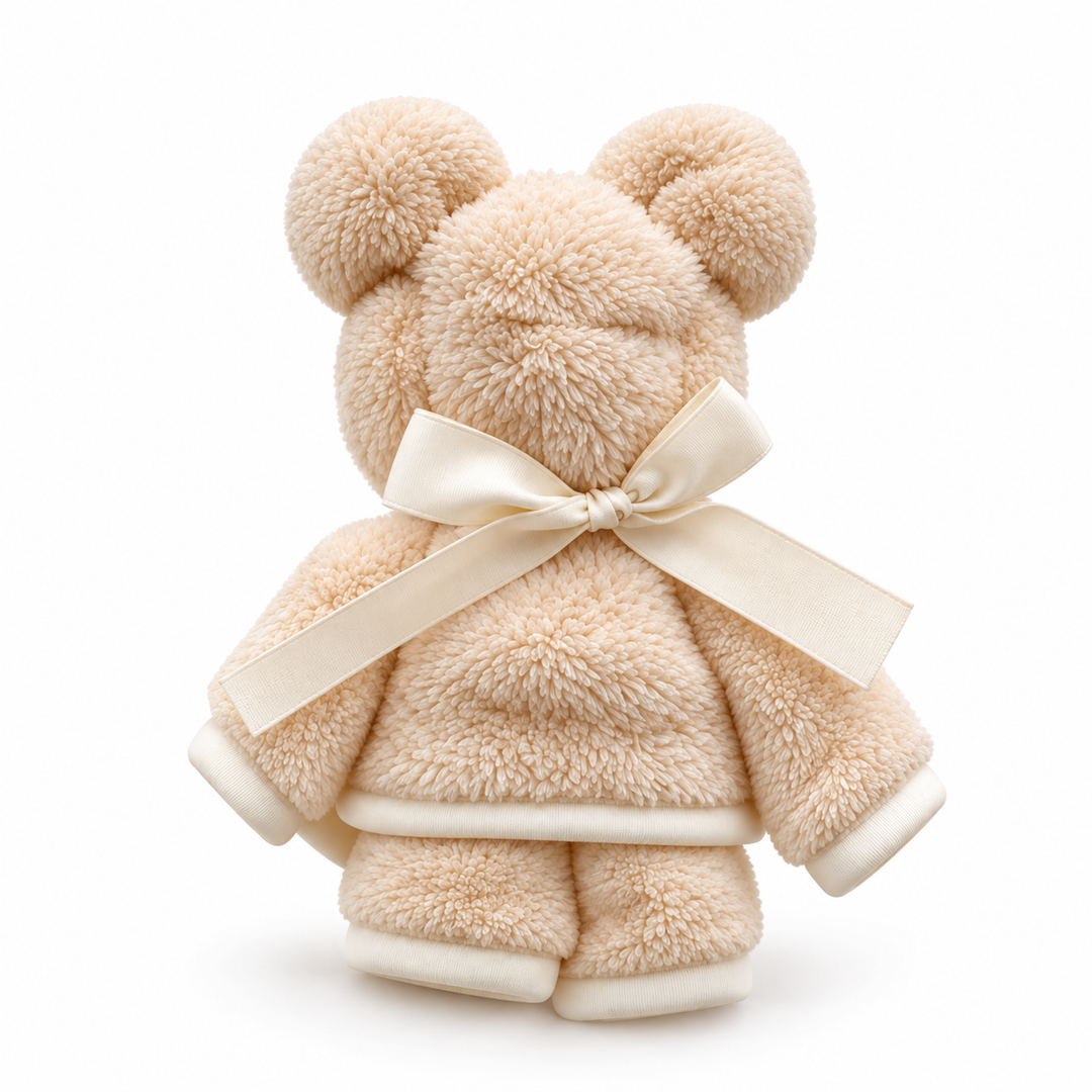 Crèmekleurige zachte teddybeer met ivoorkleurige strik op witte achtergrond.