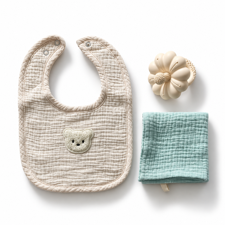 Beige baby slabbetje met berenpatch, mintgroene hydrofiele doek en beige bijtring op witte achtergrond.