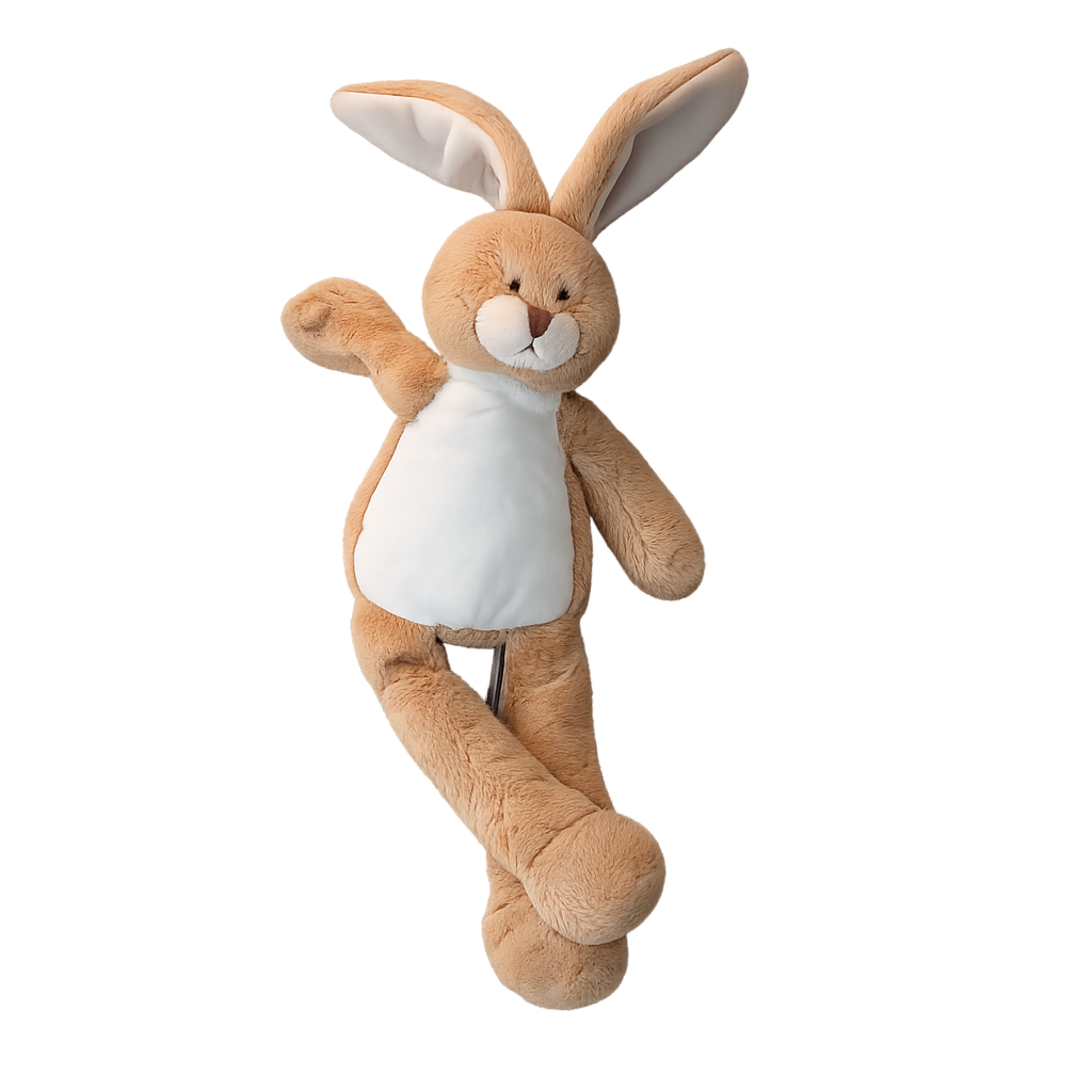 Beige knuffelkonijn van pluche met lange oren en witte buik, geschikt voor baby’s