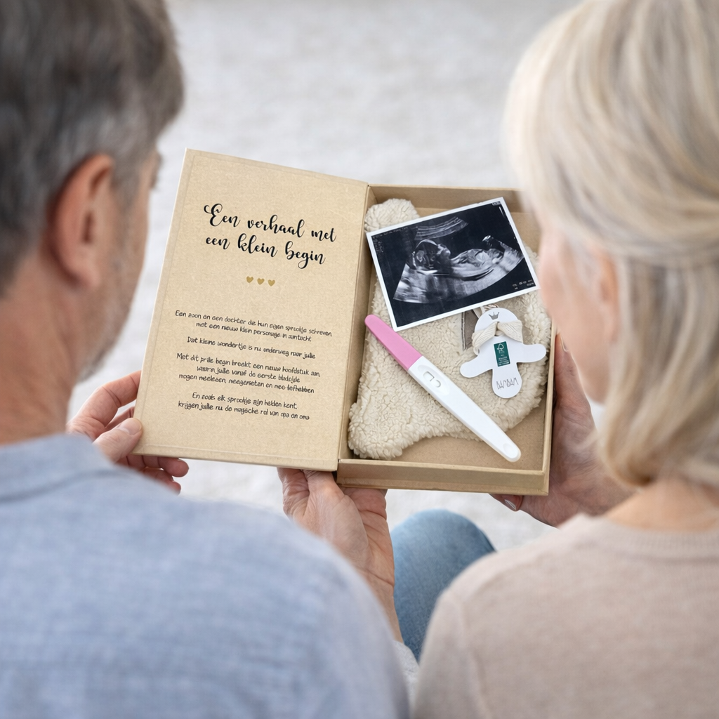 Koppel overhandigt originele zwangerschapsaankondiging aan opa en oma met echofoto en positieve test