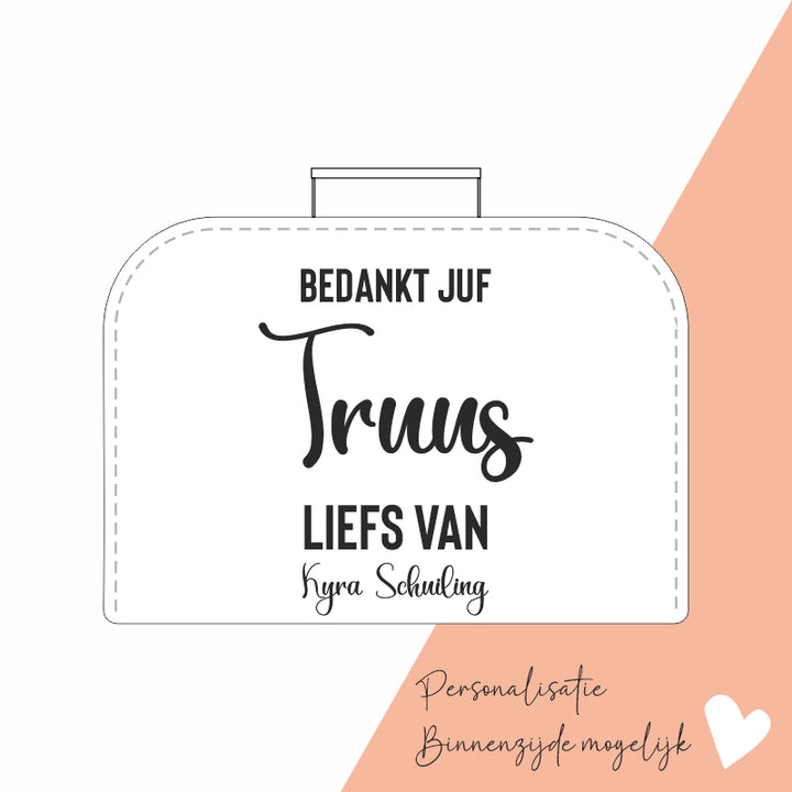 binnenzijde personalisatie koffertje bedankt juf Truus liefs van Kyra Schuiling juffendag afscheid juf cadeau