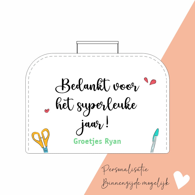 binnenzijde personalisatie koffertje bedankt tekst juffendag afscheid juf afscheidscadeau klas gepersonaliseerd cadeau juf