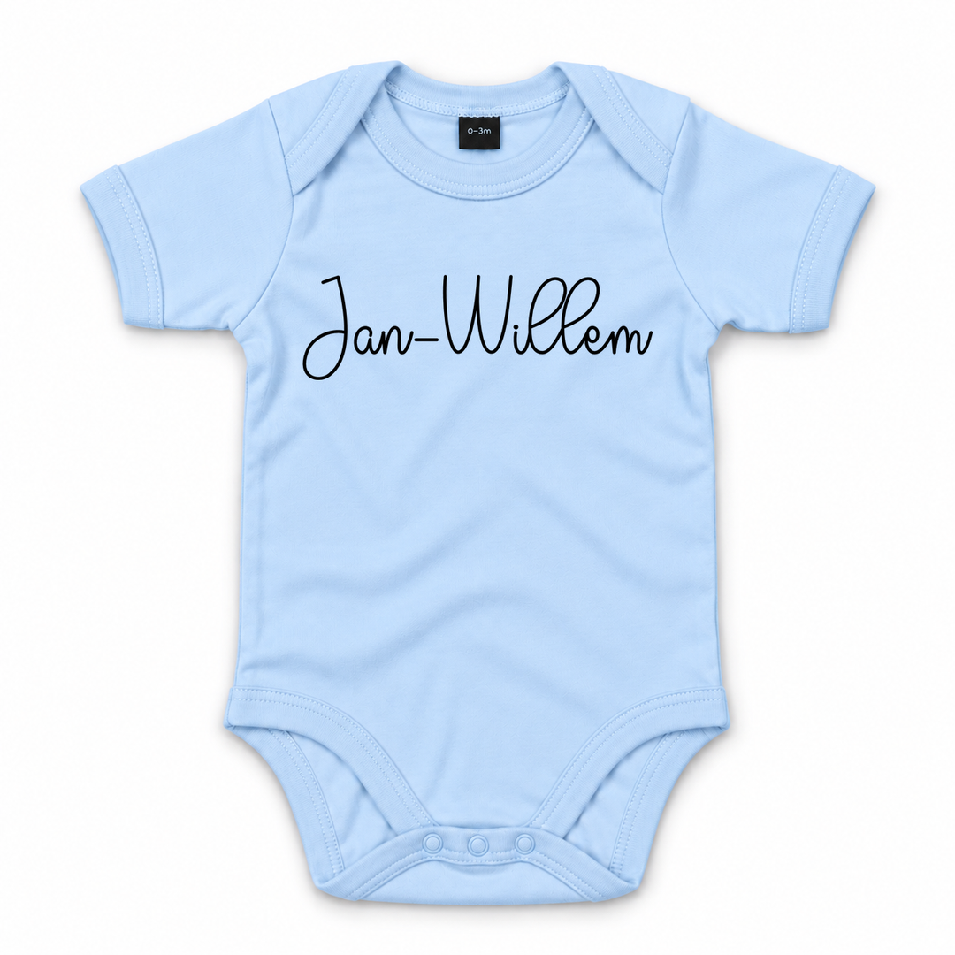 Blauwe gepersonaliseerde baby romper met naam Jan-Willem
