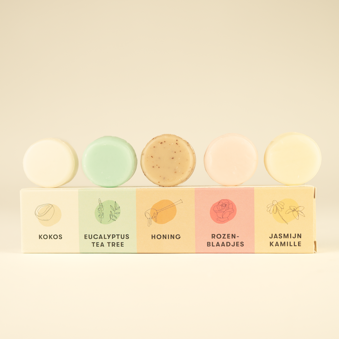 body bars proefpakket 5 mini body bars plasticvrij vegan zeep cadeau duurzaam cadeau kokos eucalyptus tea tree aloë vera komkommer honing bloesem