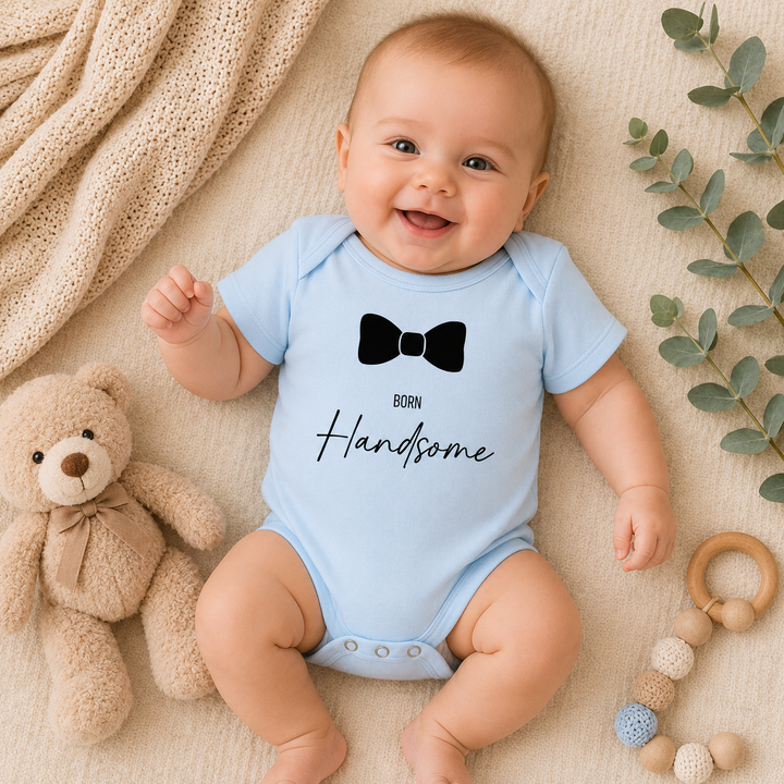 Baby draagt babyblauw “Born Handsome” rompertje met strik-icoon, ideaal als kraamcadeau of zwangerschapsaankondiging