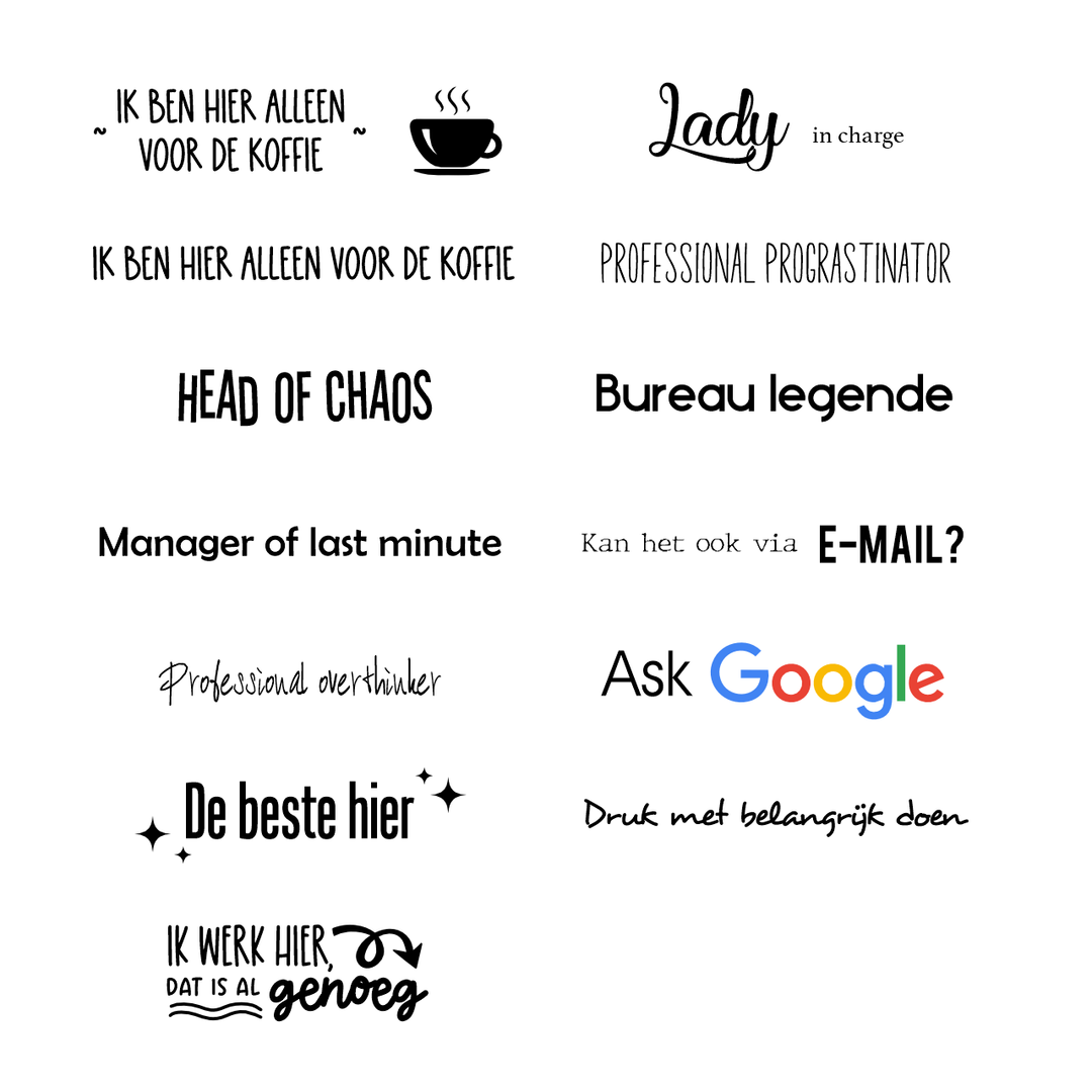 Overzicht van alle designs bureau naamplaatje (grappige teksten) om uit te kiezen