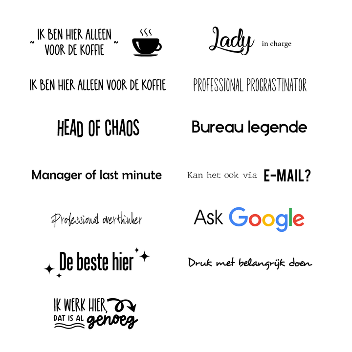 Overzicht van alle designs bureau naamplaatje (grappige teksten) om uit te kiezen