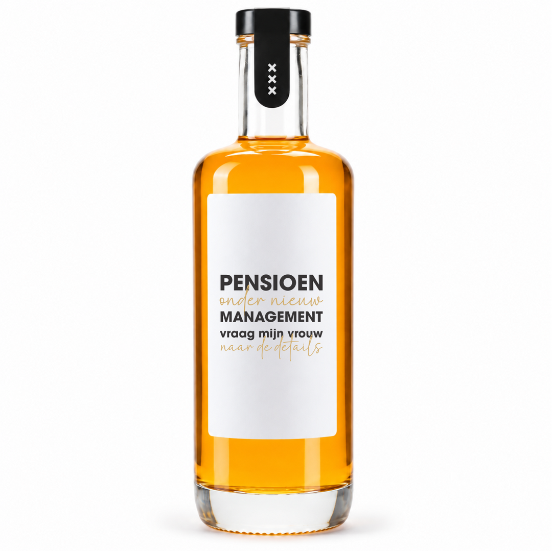 Fles als cadeau pensioen collega met Nederlands label Pensioen onder nieuw management