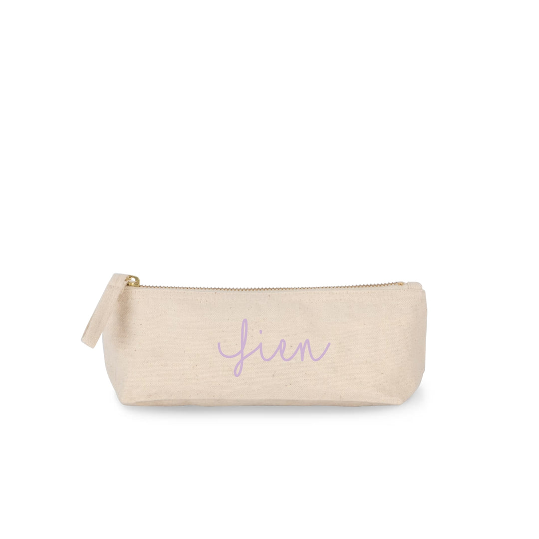 Naturen katoenen etui met naam Fien in lila opdruk, gepersonaliseerd pennenetui met ritssluiting