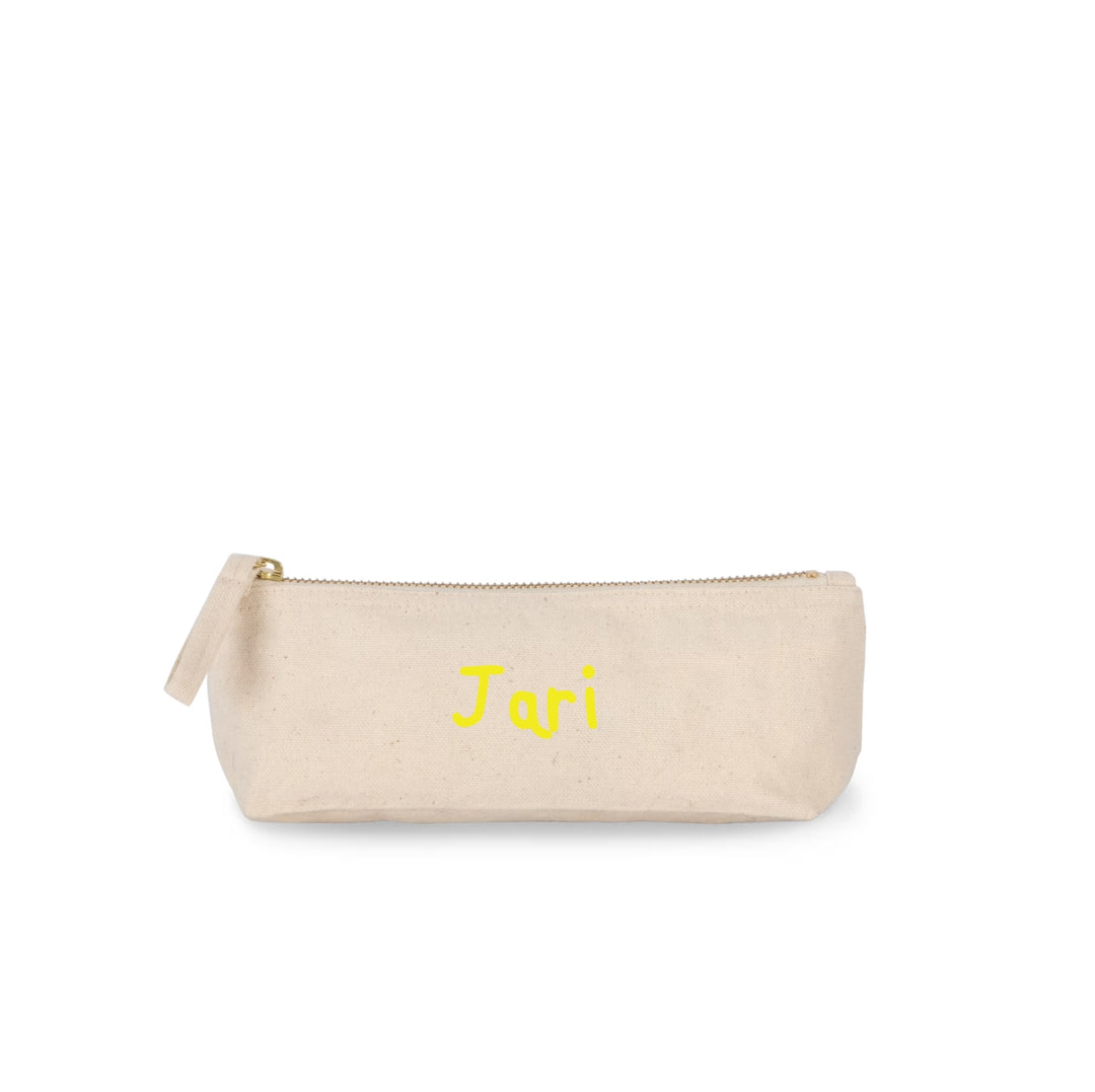 Katoenen pennenetui met naam Jari in gele opdruk, gepersonaliseerd etui naturel met rits