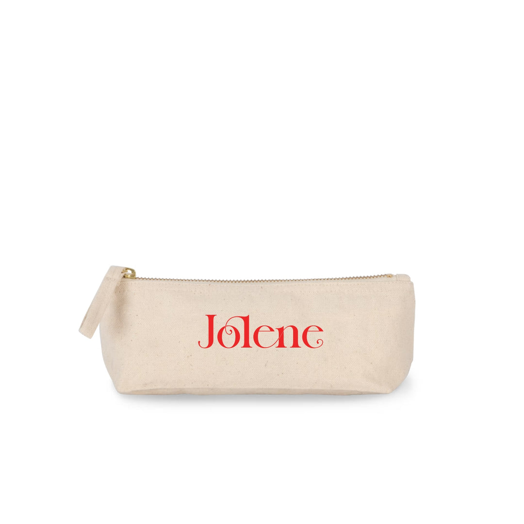 Gepersonaliseerd katoenen etui met naam Jolene in rode opdruk, naturel pennenetui met ritssluiting