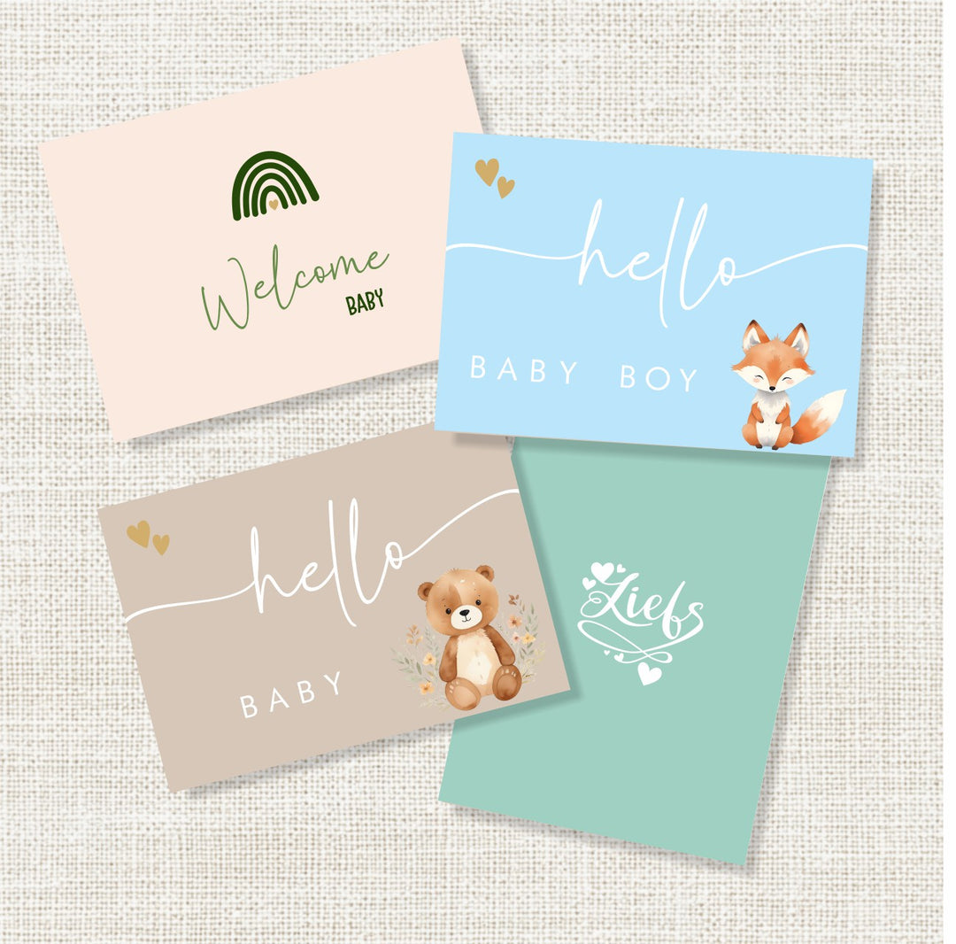 Overzicht van verschillende felicitatiekaartjes voor kersverse ouders bij de geboorte van een baby