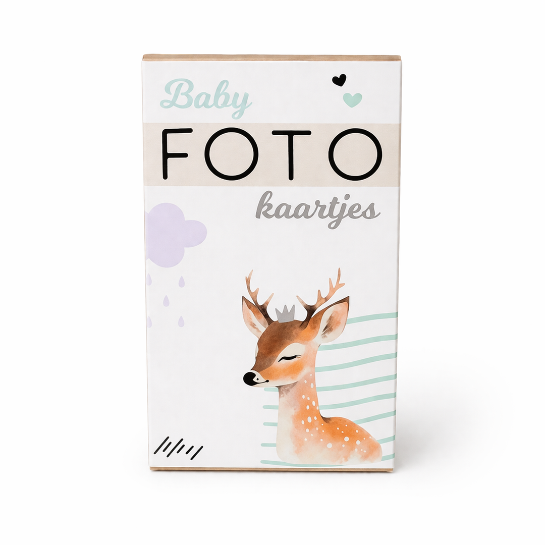 Close-up van de verpakking “Fotokaartjes voor het eerste jaar” voor het vastleggen van baby mijlpalen.