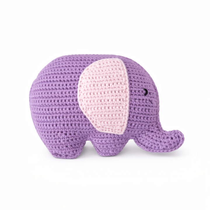 Paarse gehaakte olifant knuffel met zachtroze oor – baby knuffel van katoen