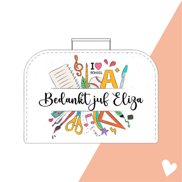 gepersonaliseerd cadeau juf koffertje bedankt juf met naam ontwerp juffendag meester en juffendag