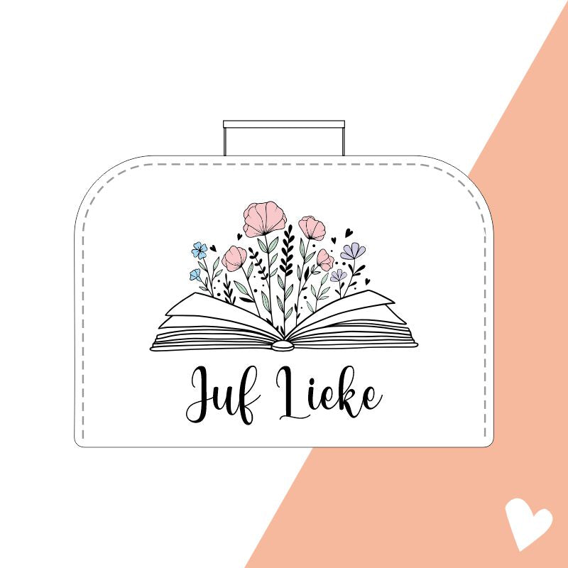 gepersonaliseerd koffertje juf met naam boek bloemen ontwerp juffendag cadeau voor de juf
