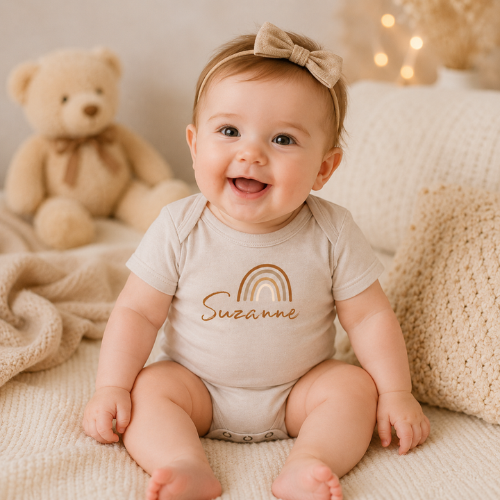 Lachende baby draagt beige rompertje met naam “Suzanne” en regenboog, gepersonaliseerd babycadeau