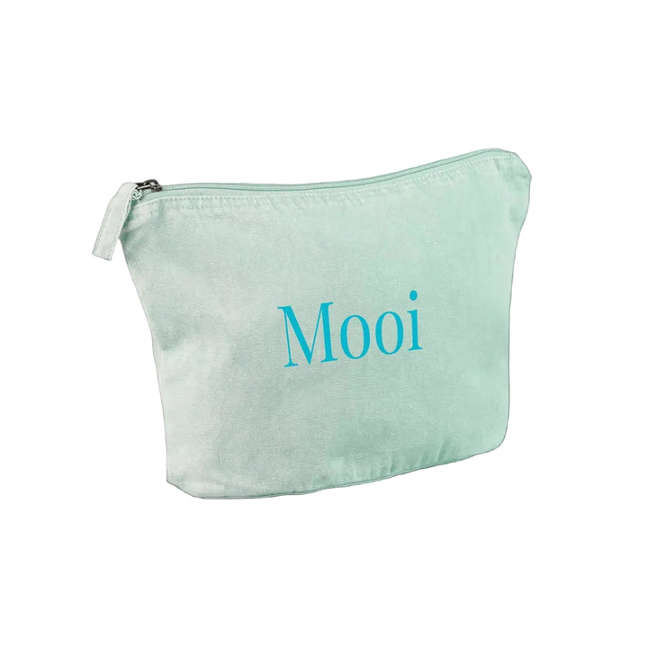 gepersonaliseerde etui toilettas gerecycled katoen mintgroen met opdruk Mooi in blauwgroen