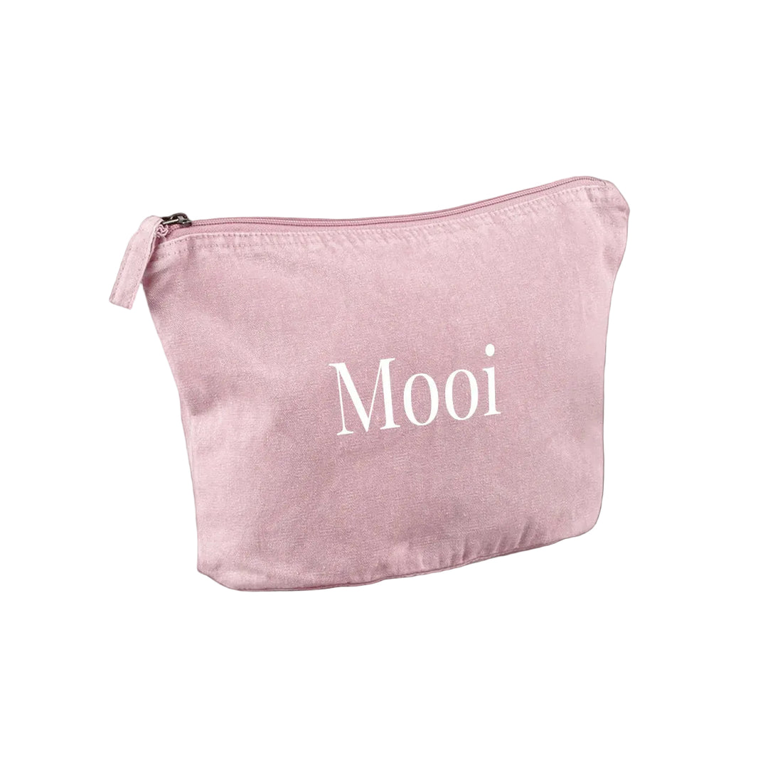 gepersonaliseerde etui toilettas gerecycled katoen zachtroze met opdruk Mooi in wit