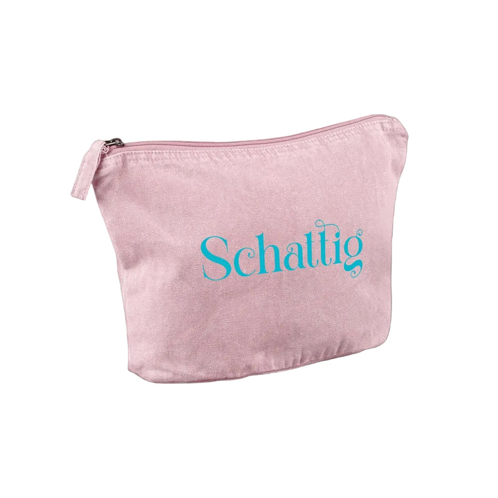 gepersonaliseerde etui toilettas gerecycled katoen zachtroze met opdruk Schattig in blauw