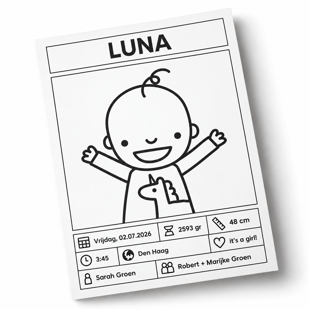 Losse gepersonaliseerde geboorteposter met naam Luna en persoonlijke geboortegegevens.