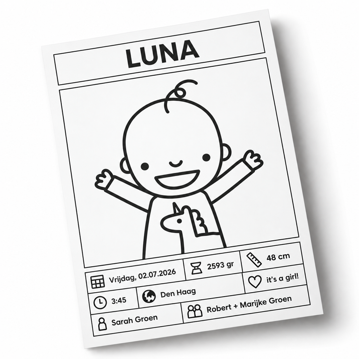 Losse gepersonaliseerde geboorteposter met naam Luna en persoonlijke geboortegegevens.