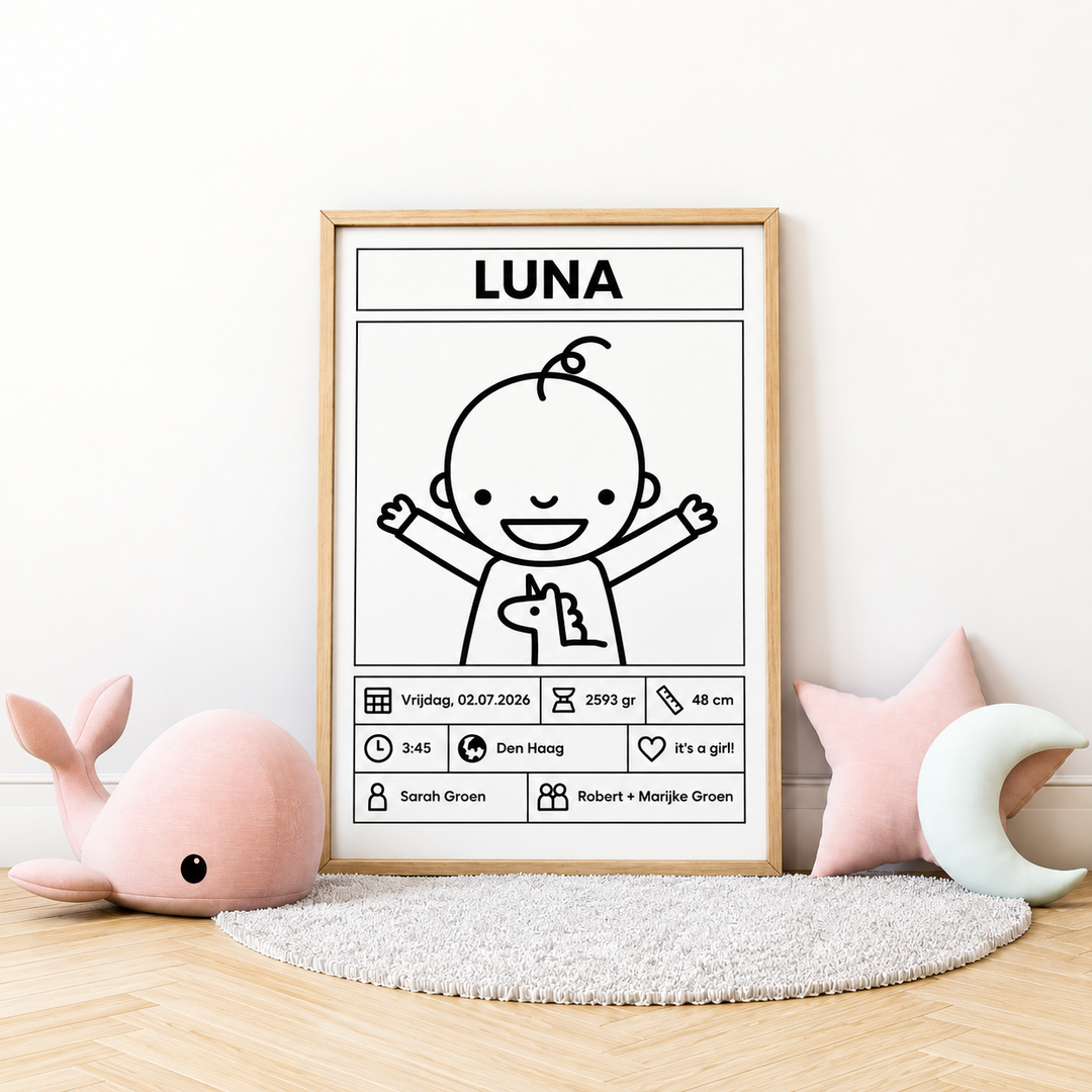 Gepersonaliseerde geboorteposter met naam Luna en geboortegegevens in naturel houten lijst.
