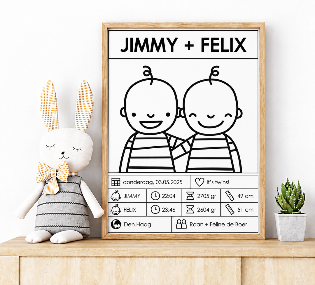 Gepersonaliseerde geboorteposter voor tweeling Jimmy en Felix met geboortegegevens in naturel houten lijst.