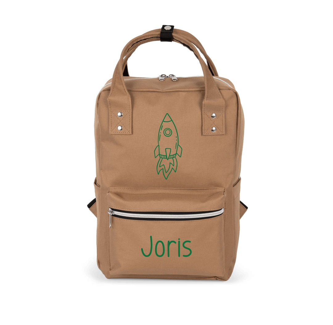 gepersonaliseerde rugzak met naam Joris camel met icoon kinderrugzak