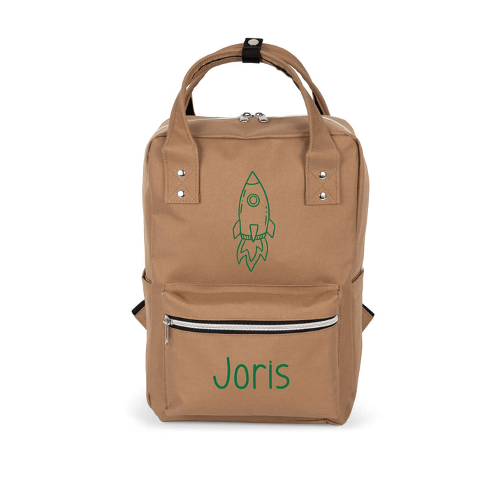 gepersonaliseerde rugzak met naam Joris camel met icoon kinderrugzak