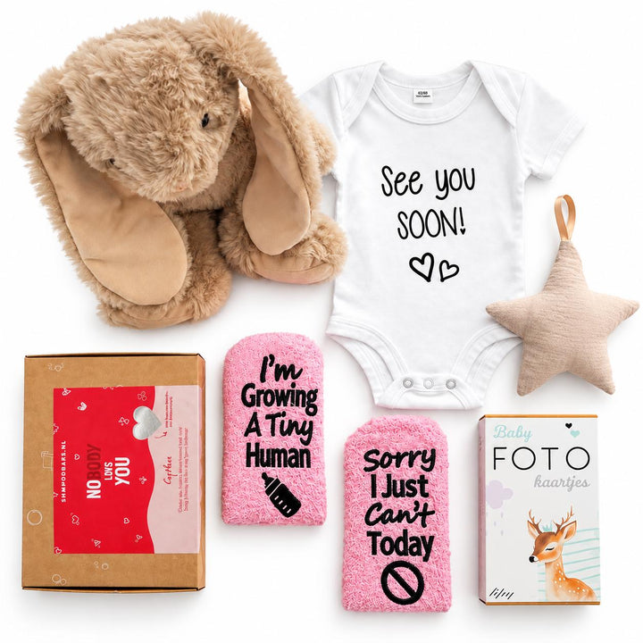 Gevulde kraammand voor mama en baby met vilten mand, knuffelkonijn, rompertje, roze sokken, verzorgingsgiftbox en babycadeautjes.