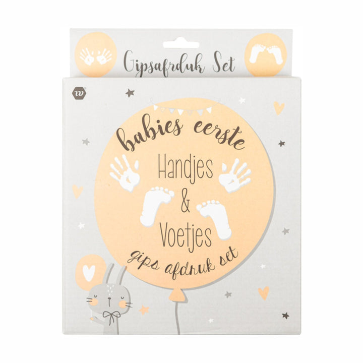 Gipsafdruk baby set voor handafdruk baby en voetafdruk baby in doos met baby handjes en voetjes design