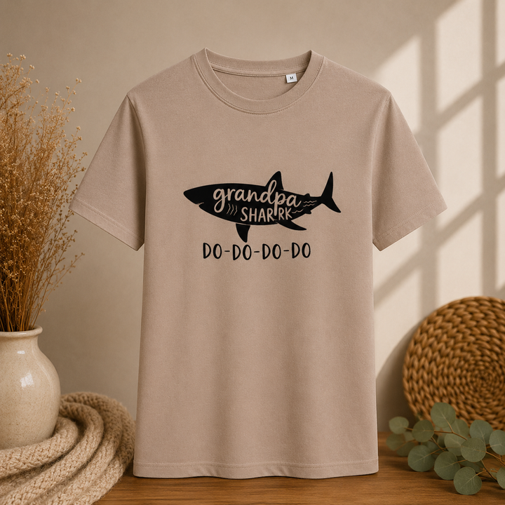 Taupe Grandpa Shark T-shirt, comfortabel shirt voor opa to be en leuk zwangerschapsaankondiging cadeau