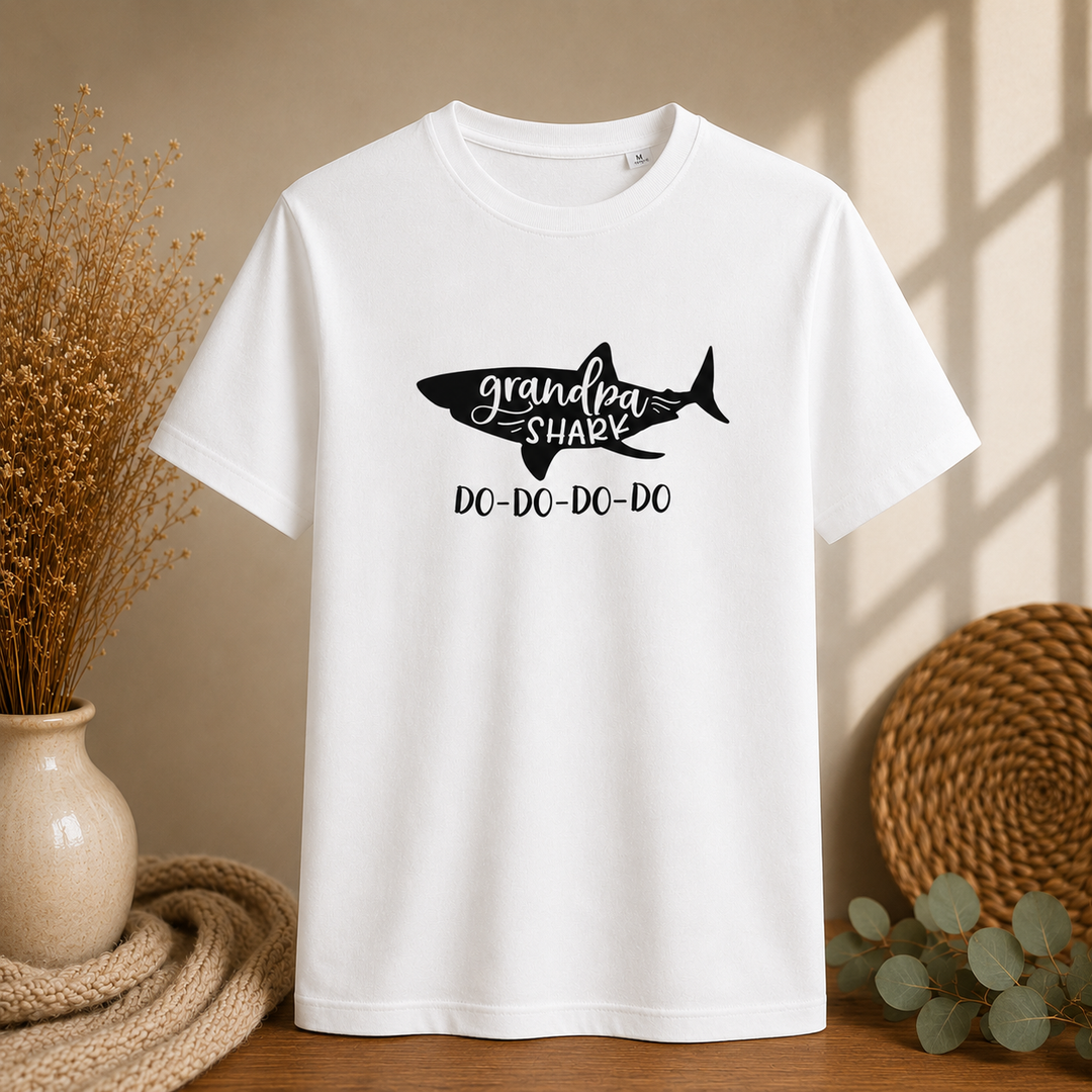 Wit Grandpa Shark T-shirt als origineel cadeau voor toekomstige opa, babyshower of zwangerschapsaankondiging