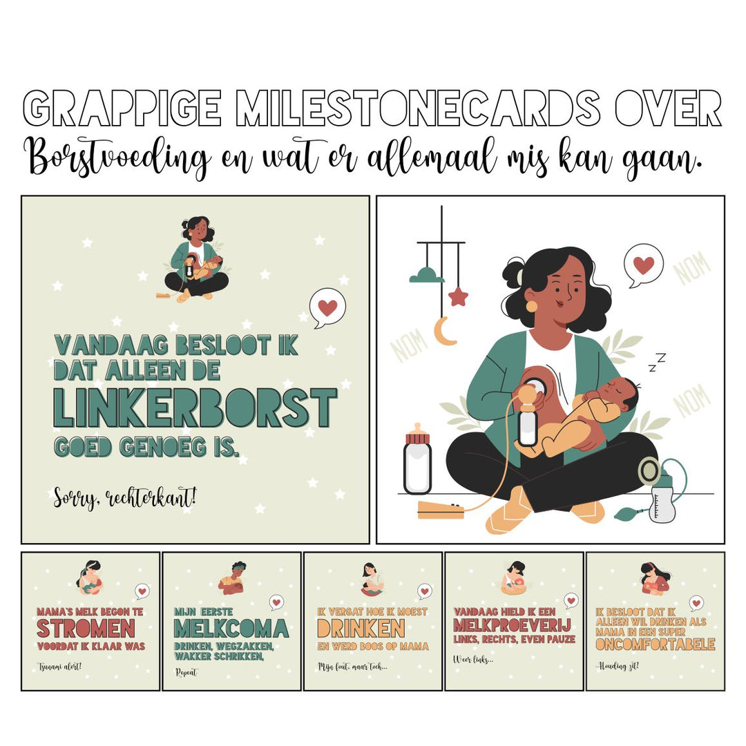 Overzicht van grappige mijlpaalkaarten over borstvoeding met illustraties en herkenbare quotes, ideaal als kraamcadeau voor mama’s