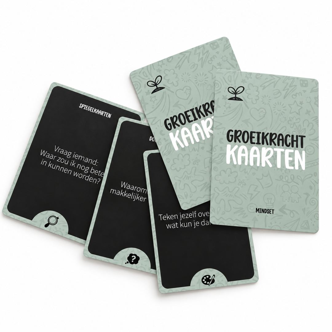 Groeikracht gesprekskaarten met mintgroene achterkanten en zwarte kaarten met reflectievragen en creatieve opdrachten.