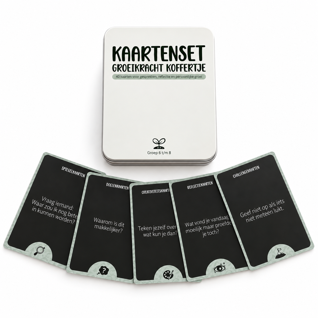 gesprekskaarten met opbergdoosje	Groeikracht Kaartenset met metalen opbergdoosje en vijf voorbeeldkaarten voor reflectie, doelen, creativiteit en persoonlijke groei.